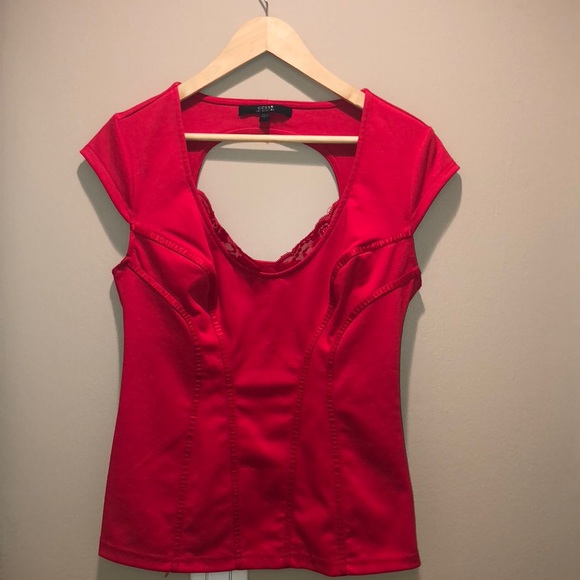 Red Guess Cap-Sleeve Lace-Trim Corset Top large - Picture 2 of 3